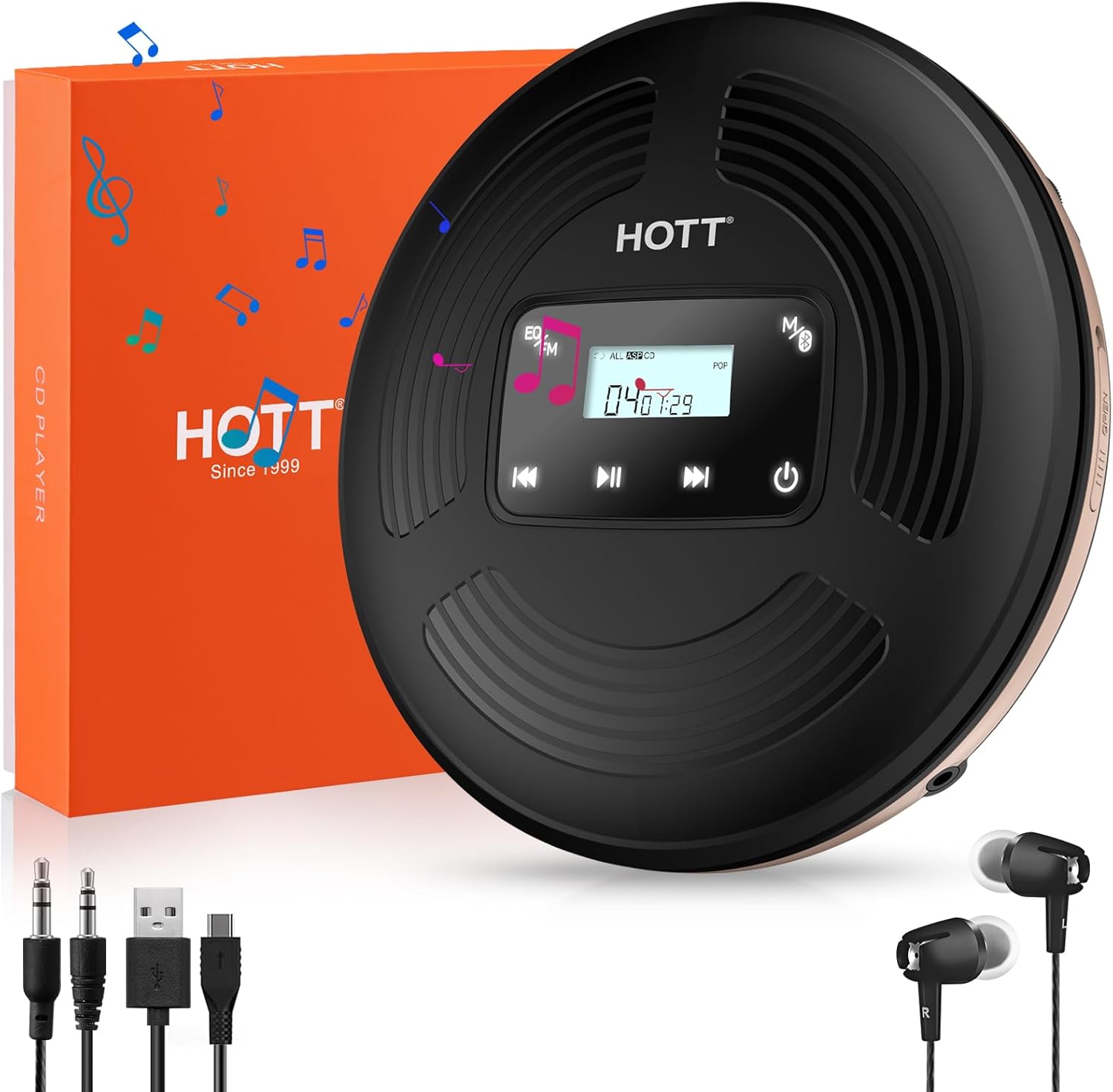 Reproductor de CD portátil con Bluetooth Walkman reproductor de CD Bluetooth con transmisor FM botón táctil y pantalla LCD, reproductor de disco