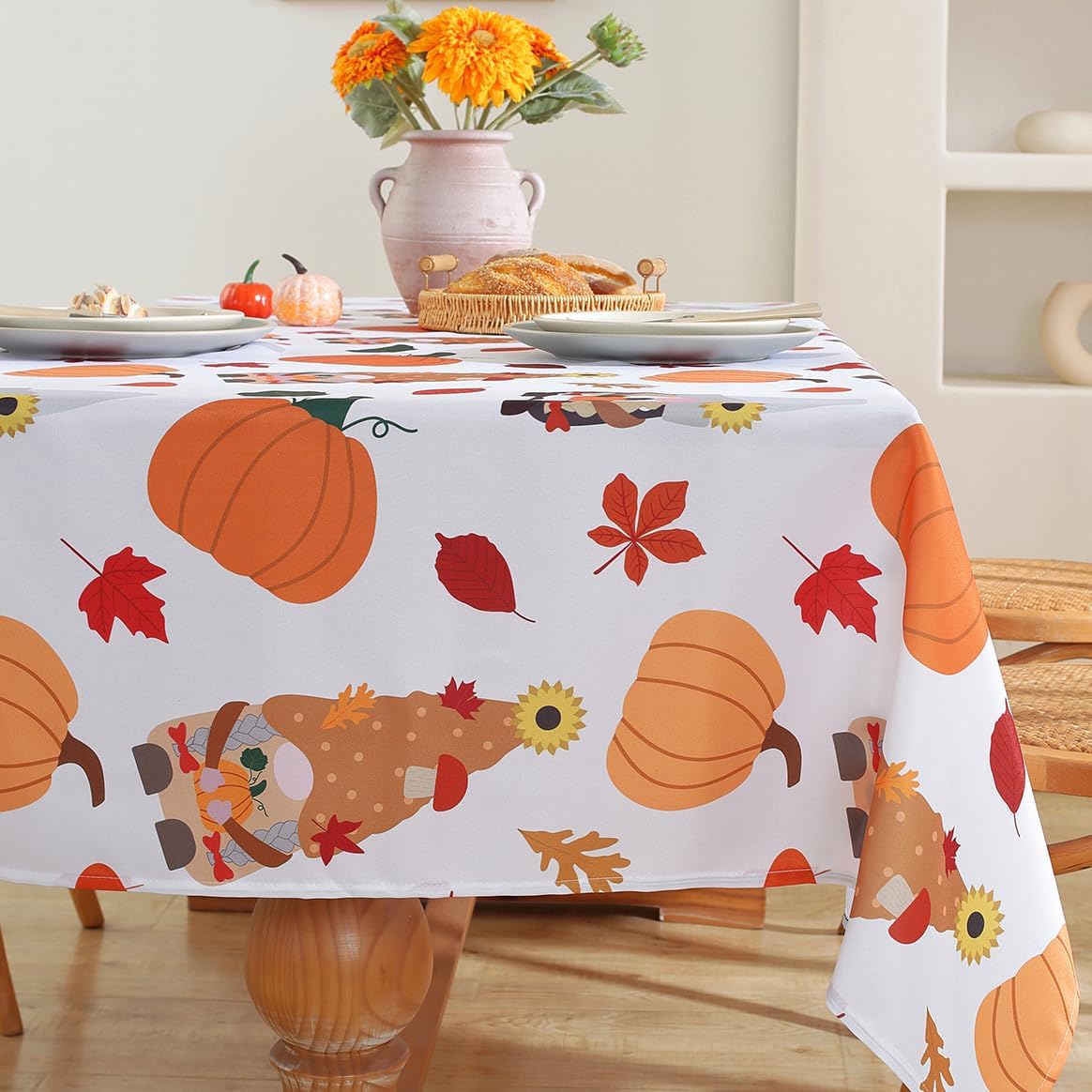 SASTYBALE Manteles de otoño para mesas rectangulares, mantel de calabaza a prueba de derrames con estampados de gnomos, mantel decorativo de otoño