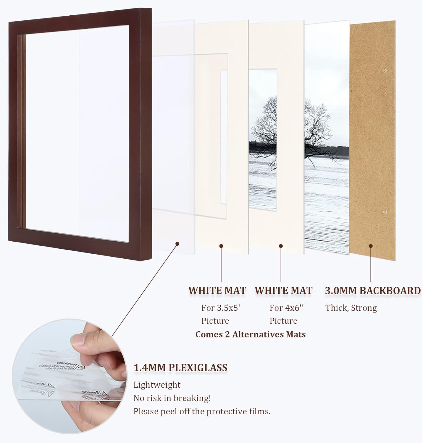 Egofine Portarretratos de 5 x 7 hechos de madera maciza con plexiglás, fotos de 3.5 x 54 x 6 con paspartú o 5 x 7 sin paspartú, juego de 4 para