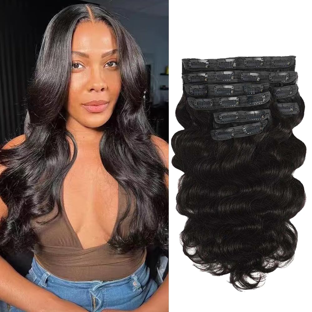 Extensiones de cabello humano ondulado con clip, de 20 pulgadas, para mujeres negras, doble trama, cabeza completa, 8 piezas con 20 clips, color