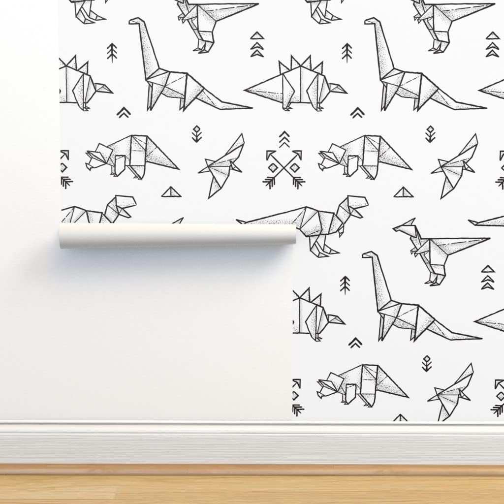 Spoonflower Papel tapiz autoadhesivo de 12 x 2 pies  Dinosaurios Origami Negro Blanco Geométrico Monocromo Papel pintado extraíble personalizado