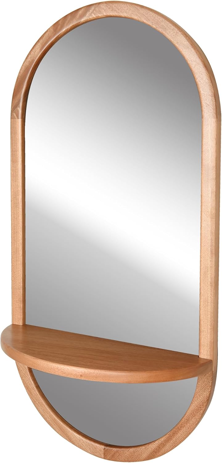 Espejo de pared ovalado con marco de madera con estante extraíble, espejo de tocador de baño de 18 x 36 pulgadas para entrada, vidrio templado,