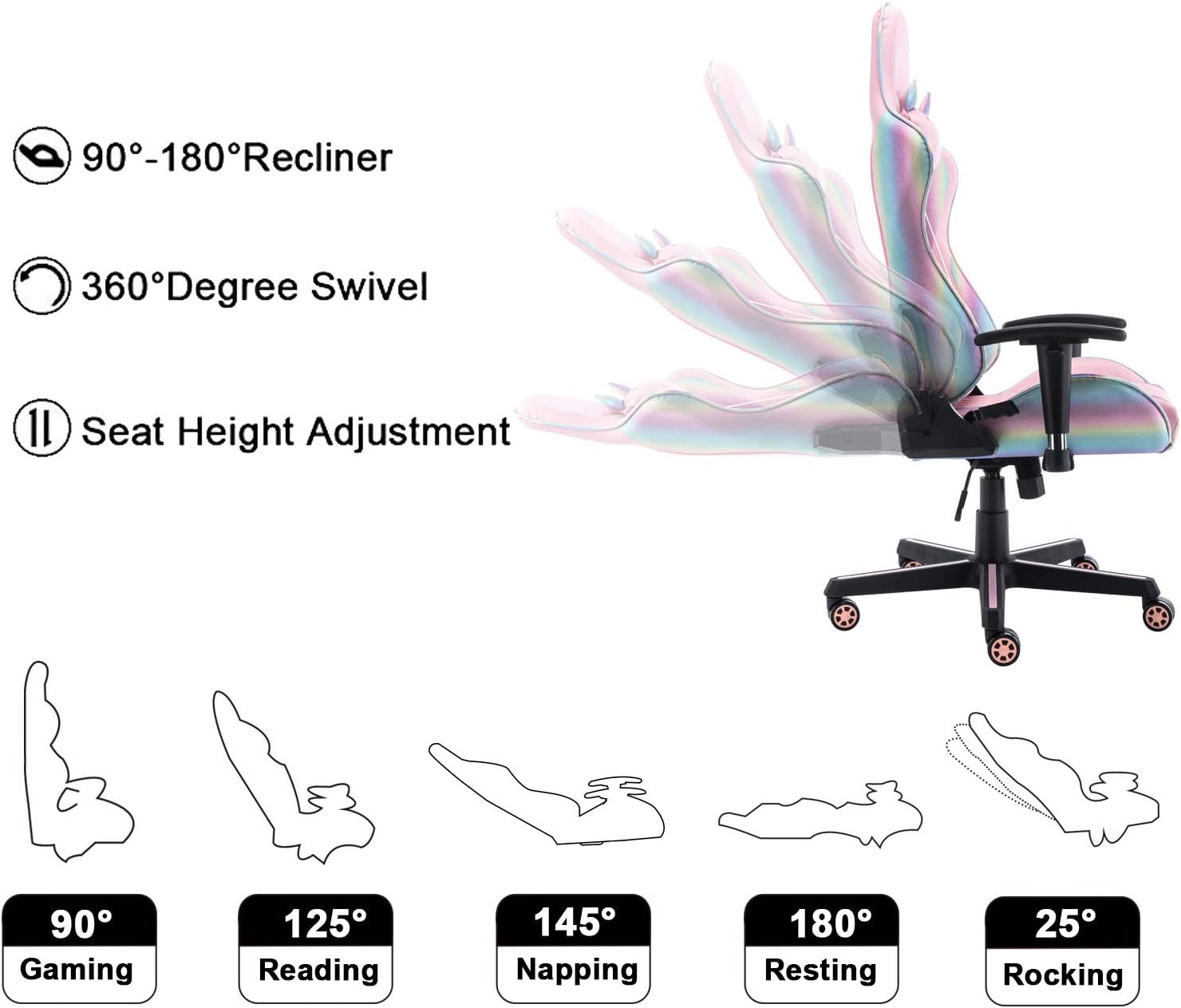 chairus Silla de juegos rosa de piel sintética, con respaldo alto, ergonómica, de carreras, con reposacabezas, soporte lumbar y reposabrazos 2D,