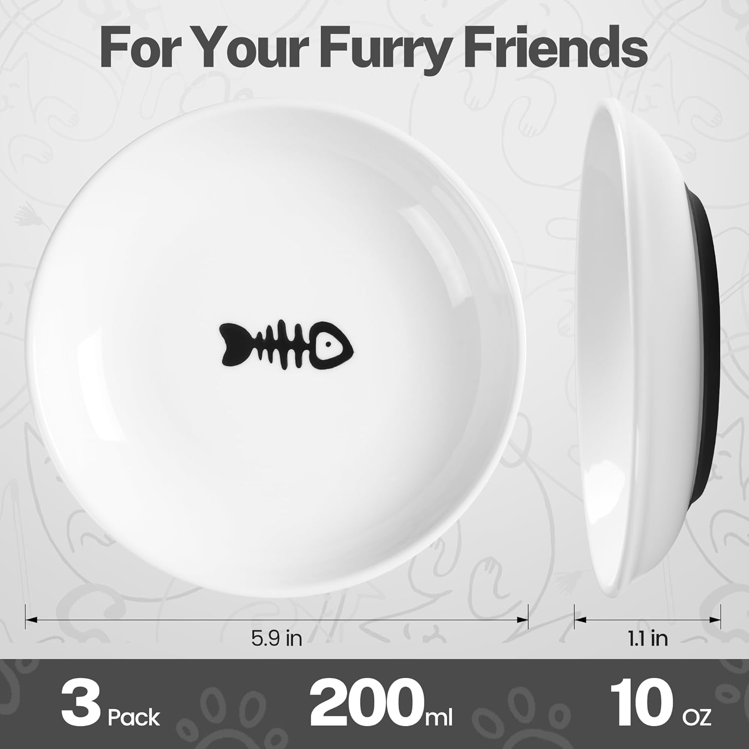 Cuencos de comida para gatos, cuencos de cerámica para gatos con parte inferior de silicona antideslizante, paquete de 3 platos silenciosos para