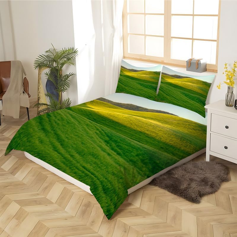 Juego de funda de edredón tamaño individual de hierba verde oscuro, estampado de vistas, funda de edredón de microfibra suave y 2 fundas de almohada