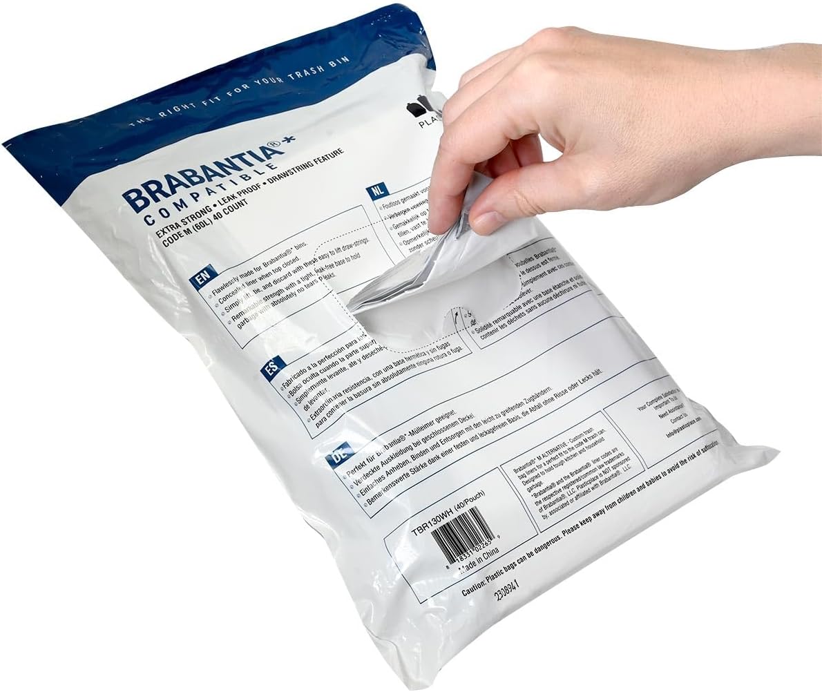 Plasticplace 2.6-3.2 Galones Brabantia (x) Compatible Code C Bolsa de Basura, 1.0 Mil, Blanco Bin Liner, 15″W x 19″H, (40 caja)