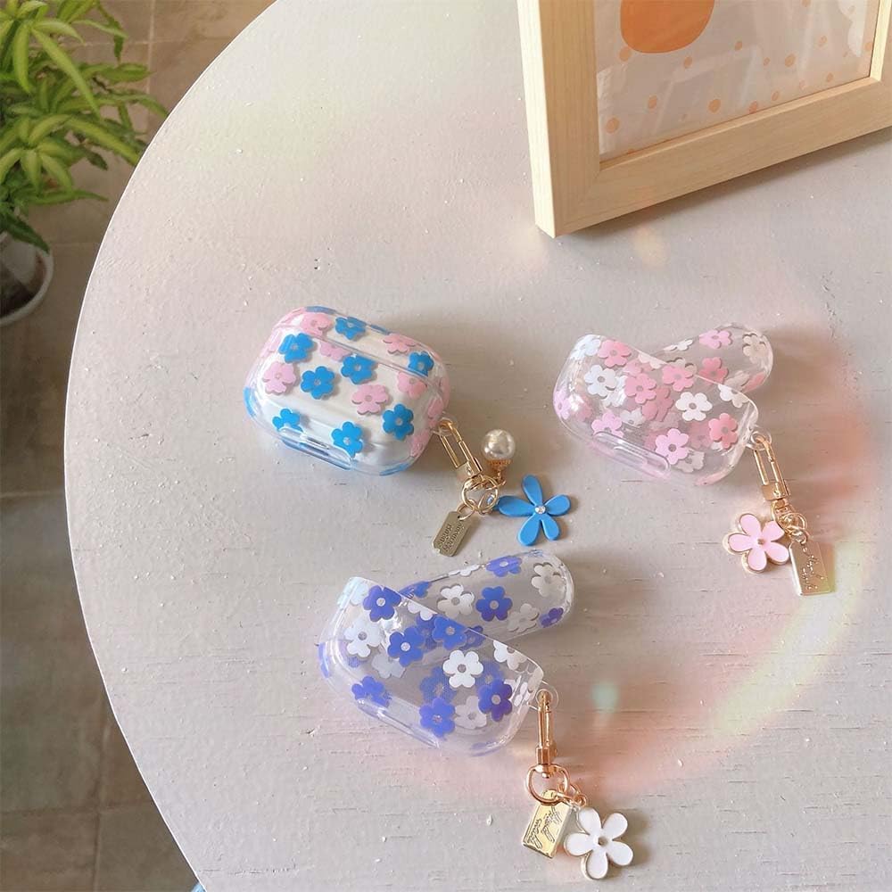 Faneiy Funda protectora para AirPods de 3 generación con llavero, bonita funda protectora para auriculares con diseño floral de flores rosadas, TPU