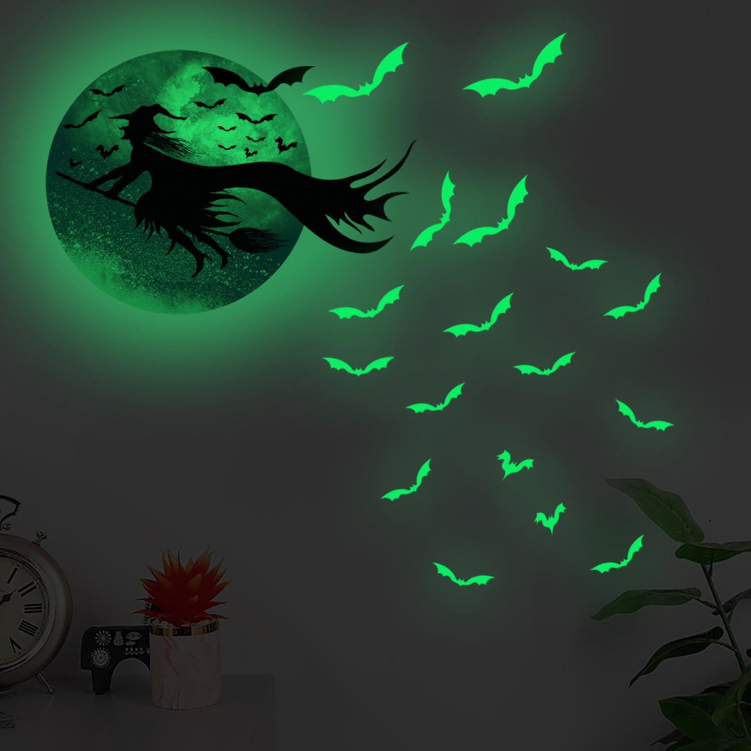 Calcomanías de pared de Halloween que brillan en la oscuridad, calcomanías de pared de bruja, murciélagos, calcomanías luminosas para ventana,