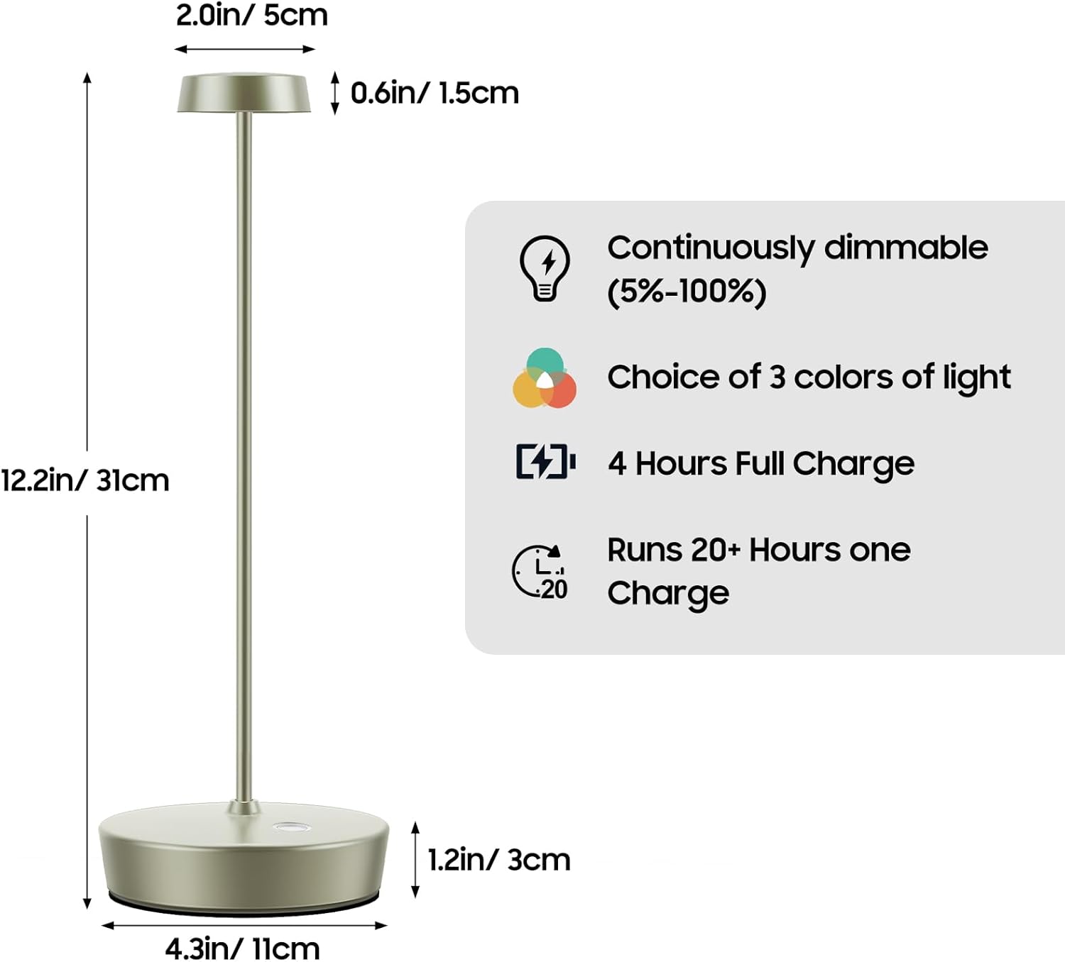 Lámpara de mesa LED inalámbrica, lámparas de escritorio de batería recargable, 3 colores regulables, lámpara de mesa de metal regulable sin