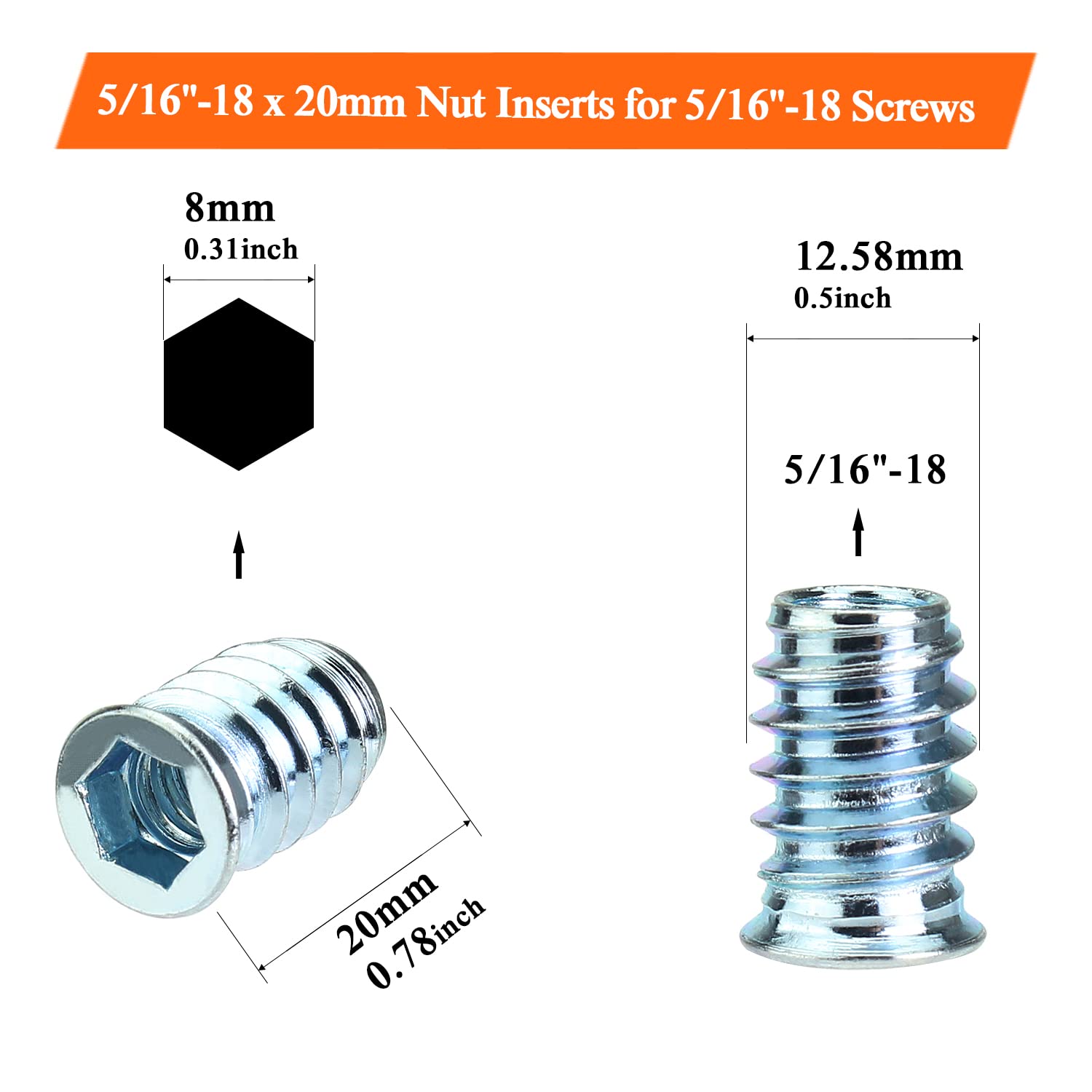 30 piezas de insertos roscados de 516″-0.709 x 0.787 in con llave hexagonal, insertos roscados 516-18, insertos de madera, insertos roscados de