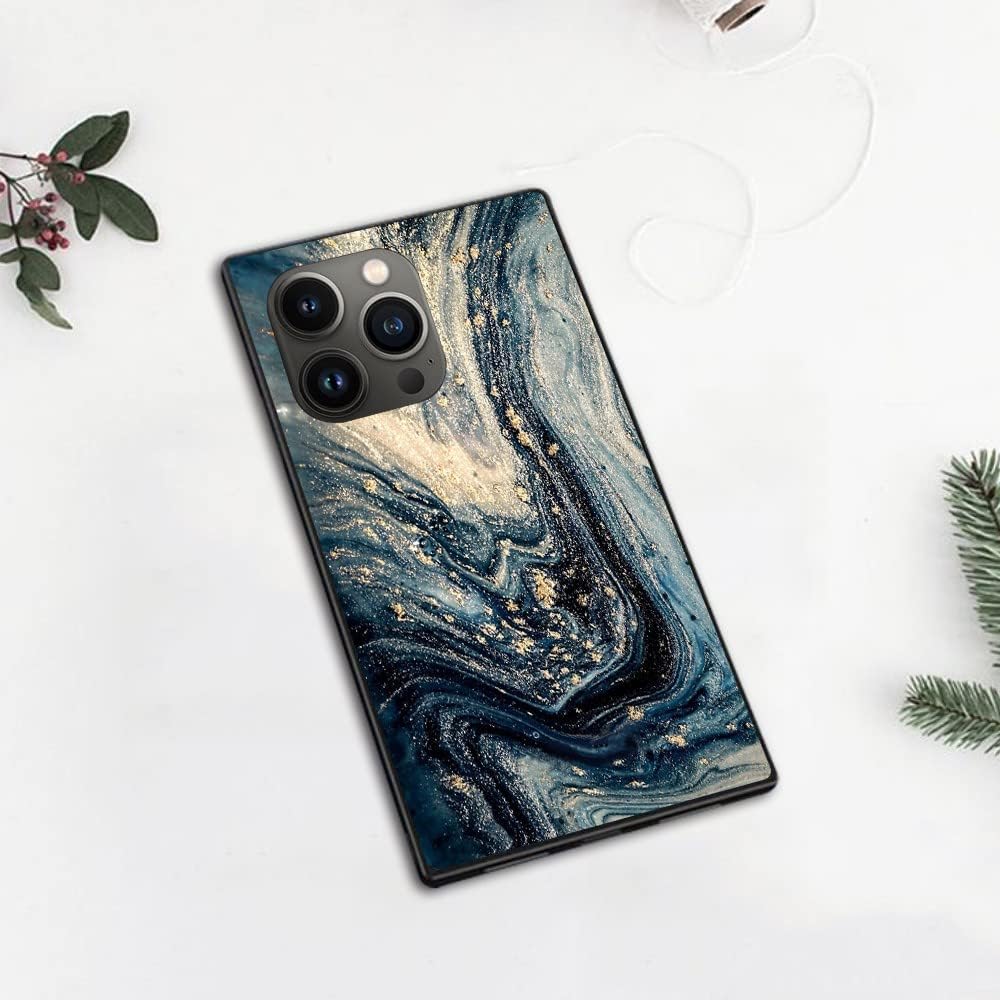 ZHUXUXITT Funda cuadrada de lujo para iPhone 15 Pro Max, diseño de mármol azul y dorado, funda cuadrada para mujeres y hombres, suave TPU protección