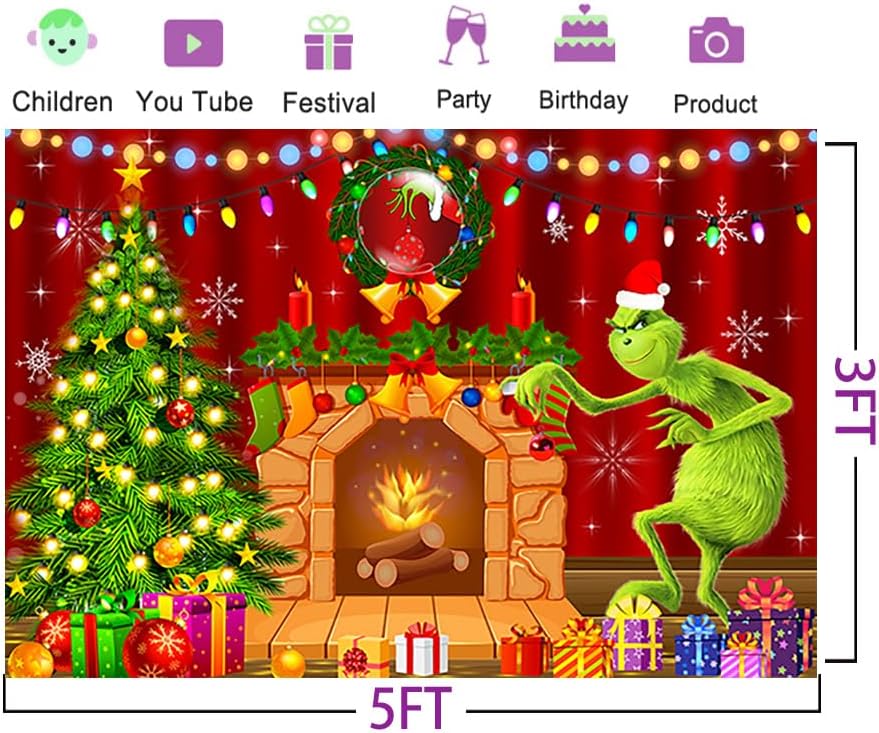 Telón de fondo de chimenea de dibujos animados para suministros de fiesta de Navidad, 5 x 3 pies, fondo de fotos de Navidad de Grinch, telón de