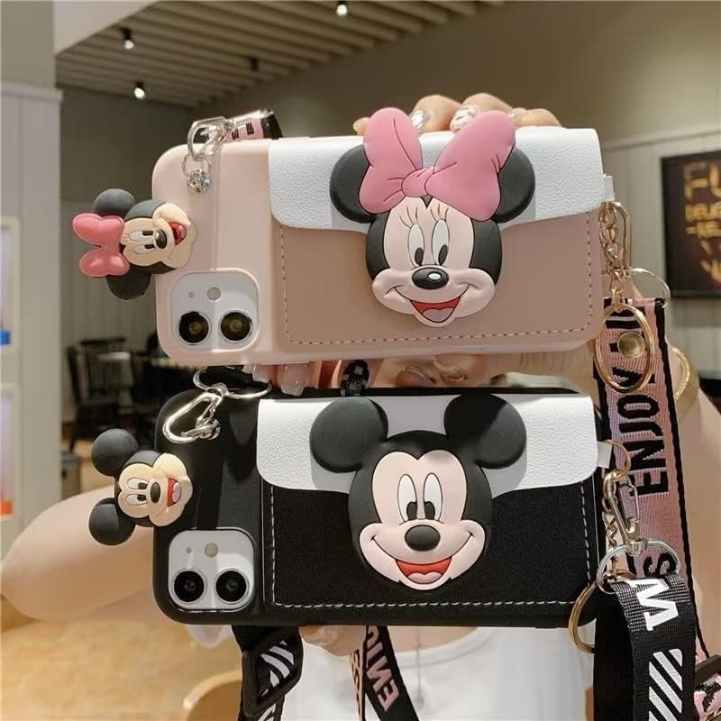 Funda para iPhone 15 Pro Max, diseño de cachorro Minnie Mouse con bonito soporte para tarjetas de dibujos animados, cuerda oblicua de TPU suave,