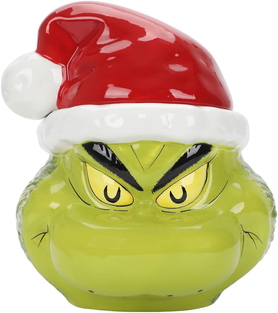 Bioworld La cabeza del personaje del Grinch con el sombrero de Papá Noel esculpido tarro de galletas de cerámica
