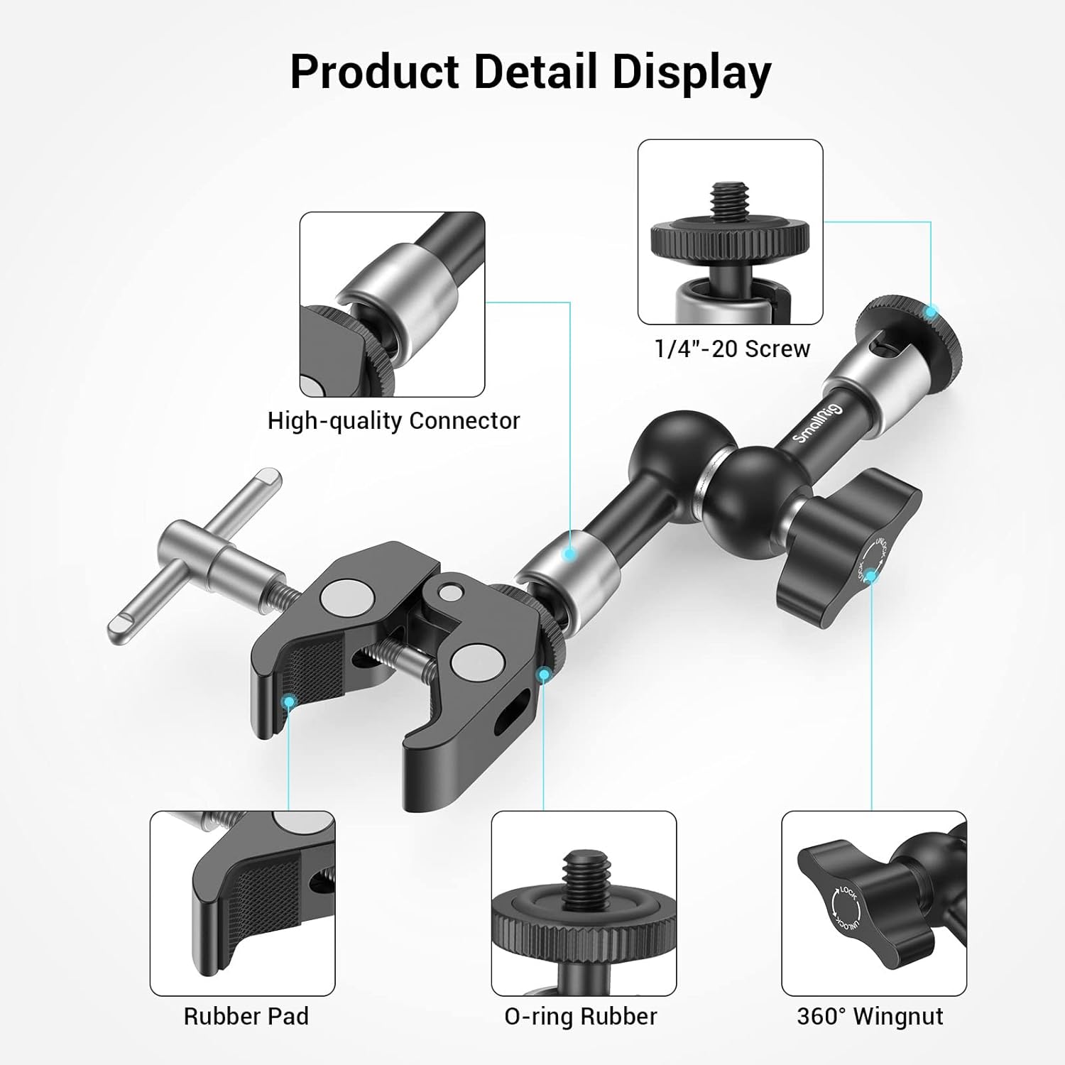 SmallRig Super Clamp con rosca de 14 y 38 pulgadas y brazo mágico articulado de potencia de fricción ajustable de 5.8 pulgadas con tornillo de rosca