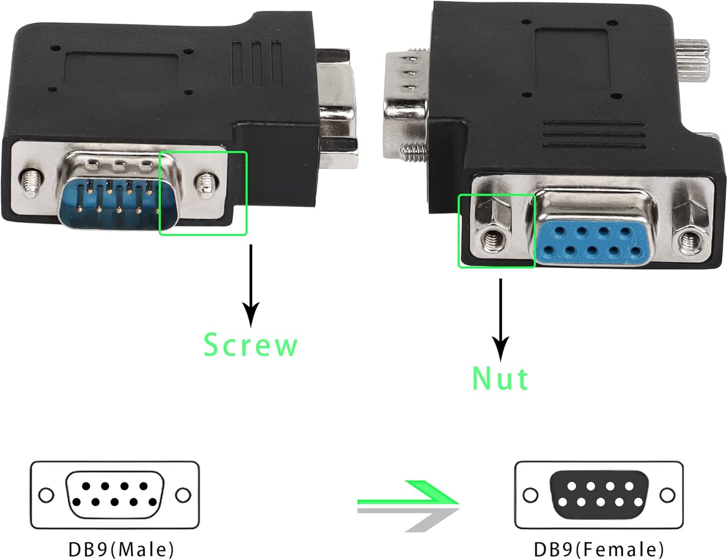 QIANRENON RS232 DB9 macho a hembra Adaptador de ángulo recto de 90 grados Conector DB9 en ángulo L, para dispositivos de interfaz de comunicación