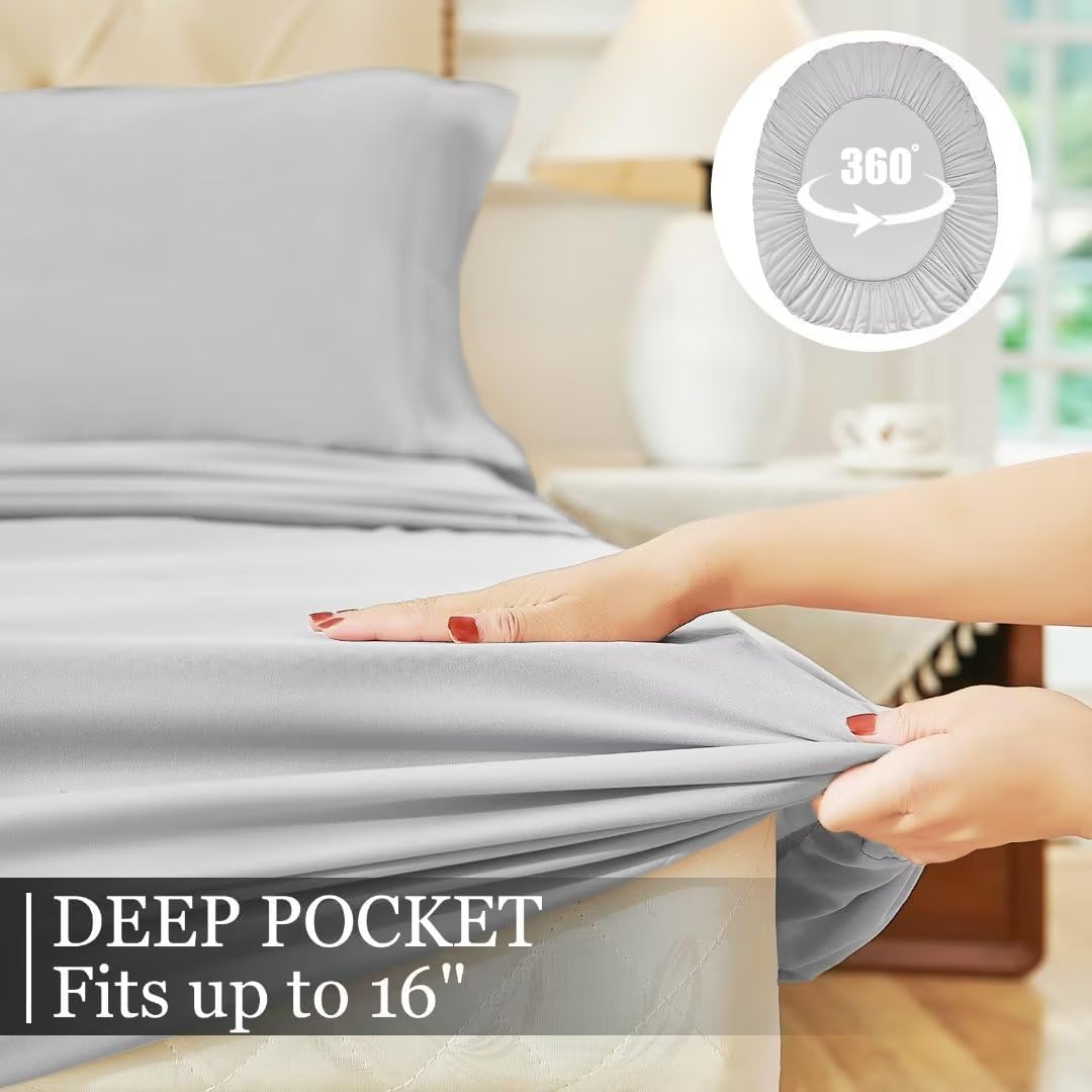 Juego de sábanas de tamaño matrimonial, color gris claro, sábanas bajeras y fundas de almohada, 4 piezas de microfibra de enfriamiento suave para
