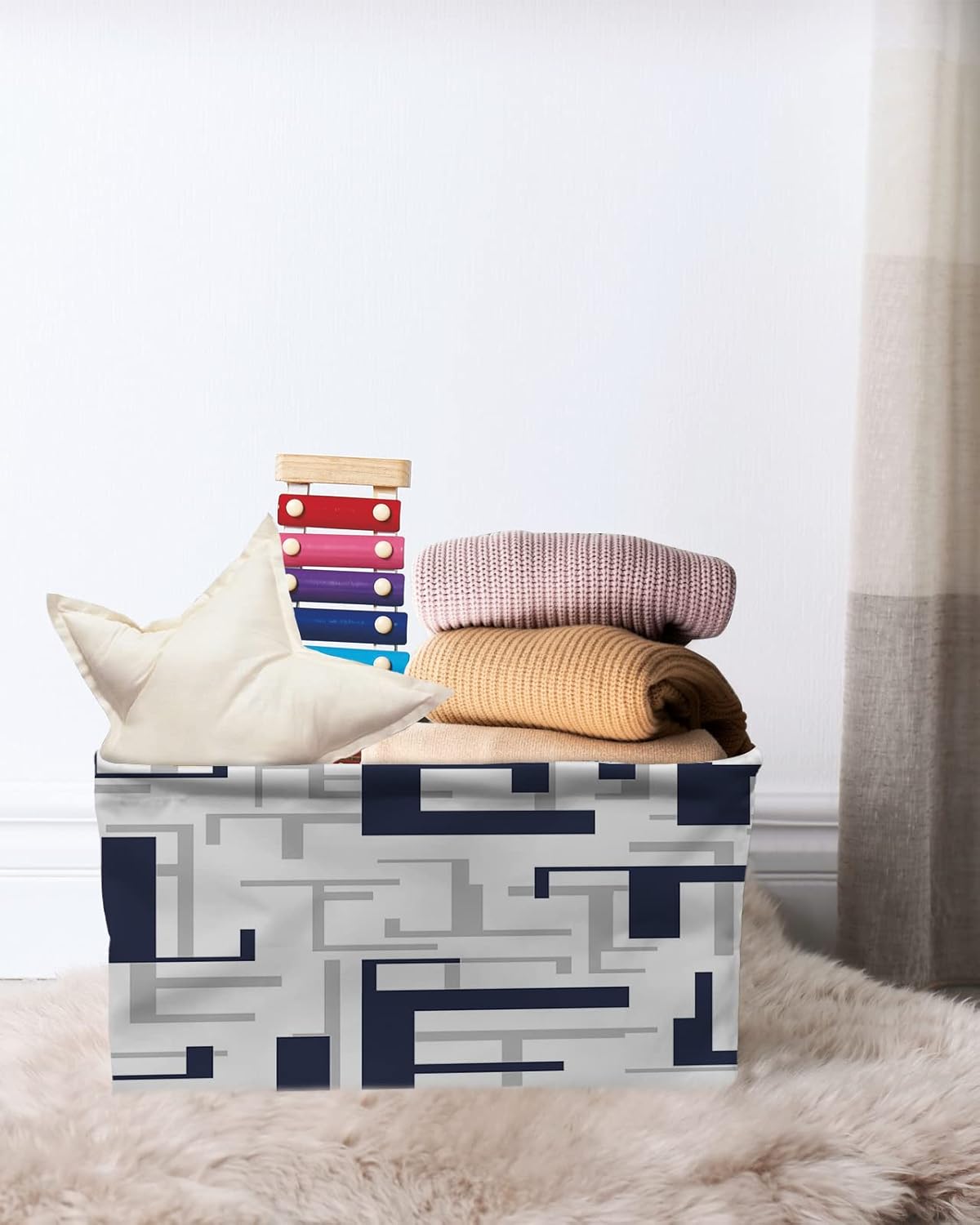 Cesta de almacenamiento azul marino y gris para organizar estantes, cajas de almacenamiento plegables con asa, cesta de lona moderna geométrica