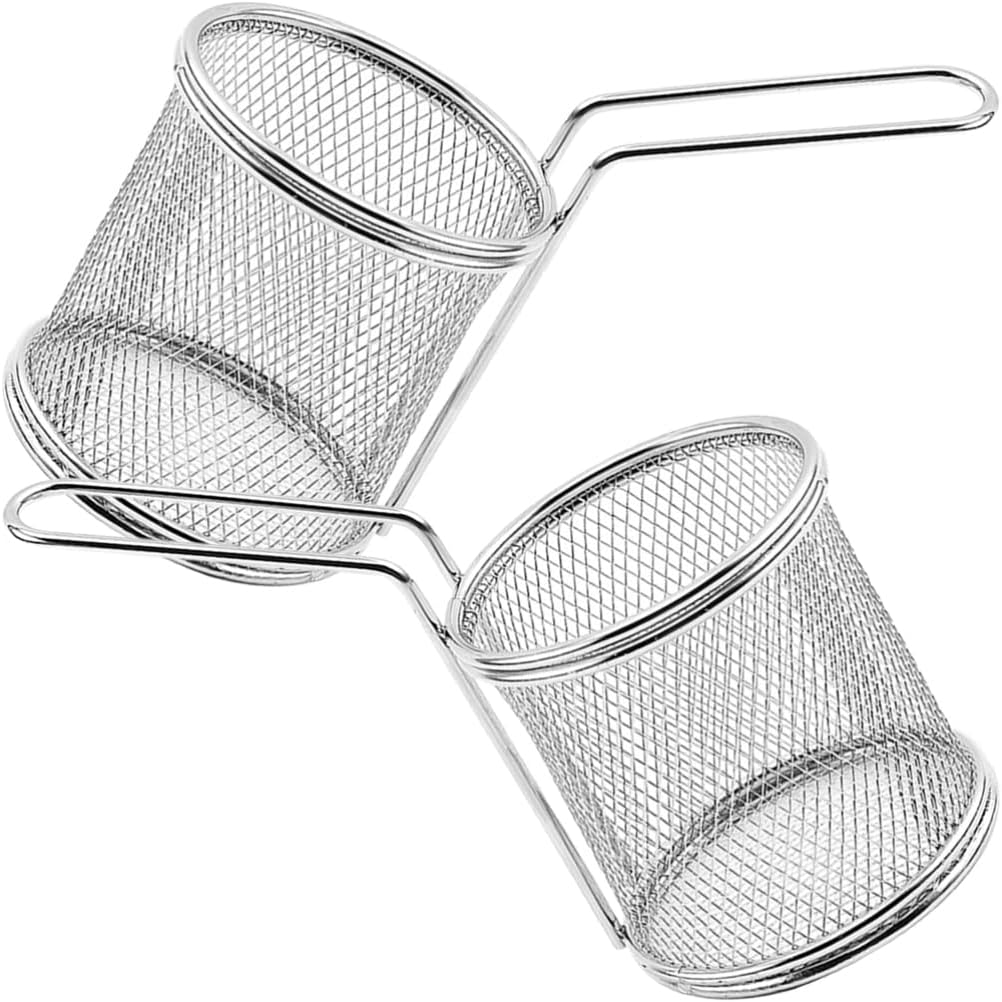 Cesta de acero inoxidable para freír profunda, 2 unidades, malla de alambre redonda, cesta para freír chips franceses con asa, vajilla de
