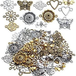 60 piezas de suministros de manualidades con forma de corazón y flores, dijes de eslabones con 2 agujeros para pulseras y joyería, 6 estilos, Plata, 60 piezas de suministros de manualidades con forma de corazón y flores, dijes de eslabones con 2 agujeros para pulseras y joyería, 6 estilos, Plata,