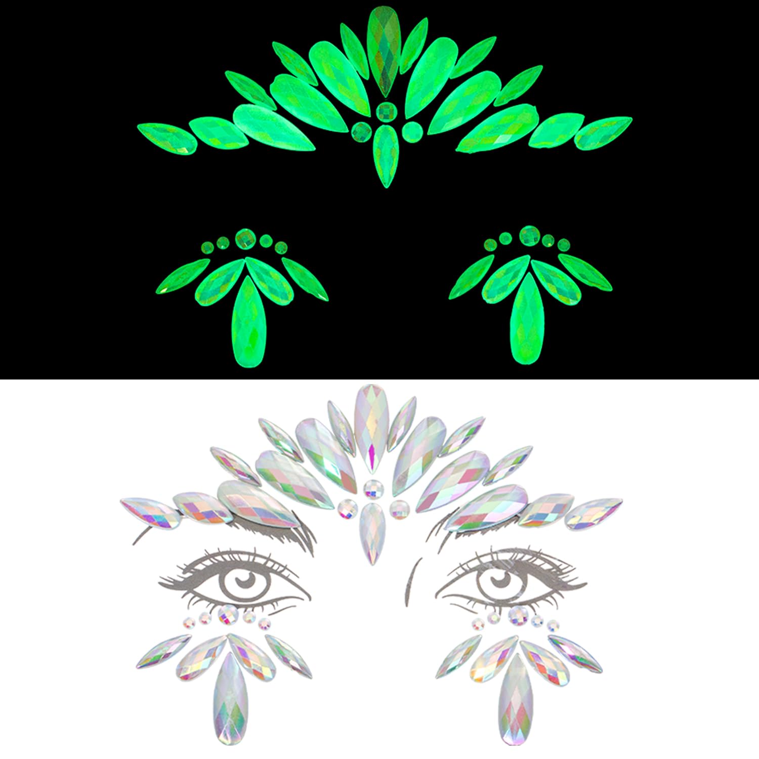6 hojas de tatuajes temporales para la cara del cuerpo, impermeables, calcomanías de diamantes de imitación, gemas de maquillaje para mujeres,