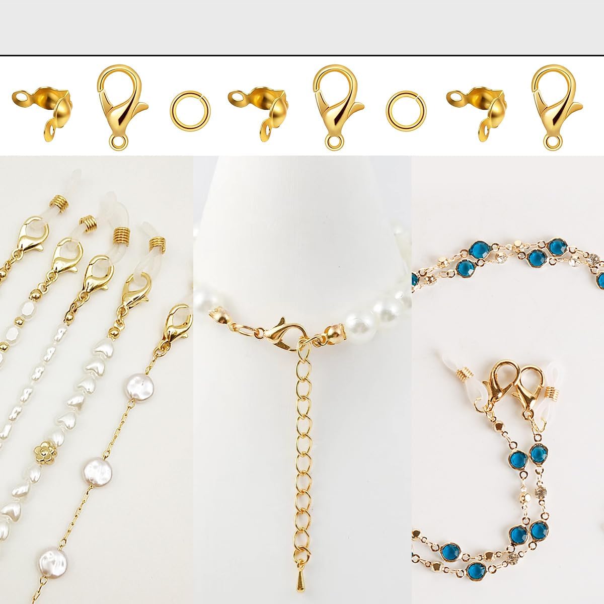 Juego de 1000 accesorios para fabricación de joyas, 100 cierres de pinza de langosta, 300 cuentas engarzadas, 600 conectores de anillo abierto para