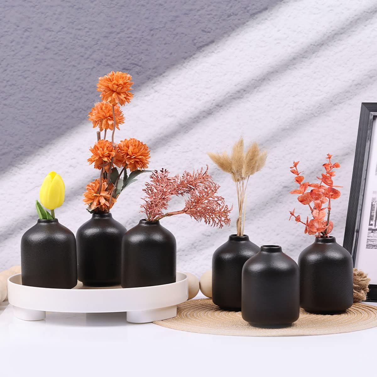 Paquete de 6 jarrones negros, modernos jarrones bohemios para flores secas, jarrones pequeños de cerámica negra para decoración del hogar, jarrones