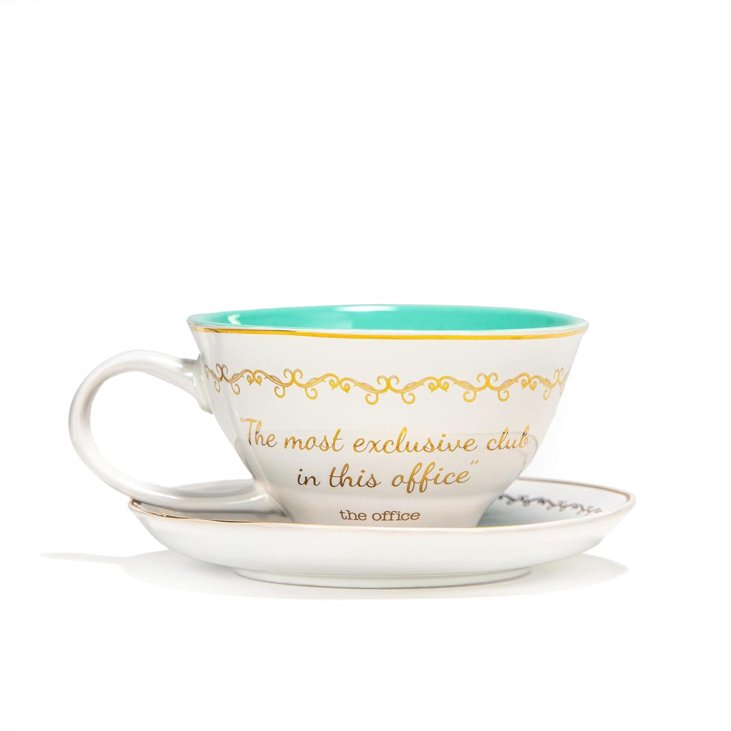 Silver Buffalo The Office Finer Things Club Tea Gold Foil – Taza de té y platillo de cerámica en caja, 12 onzas
