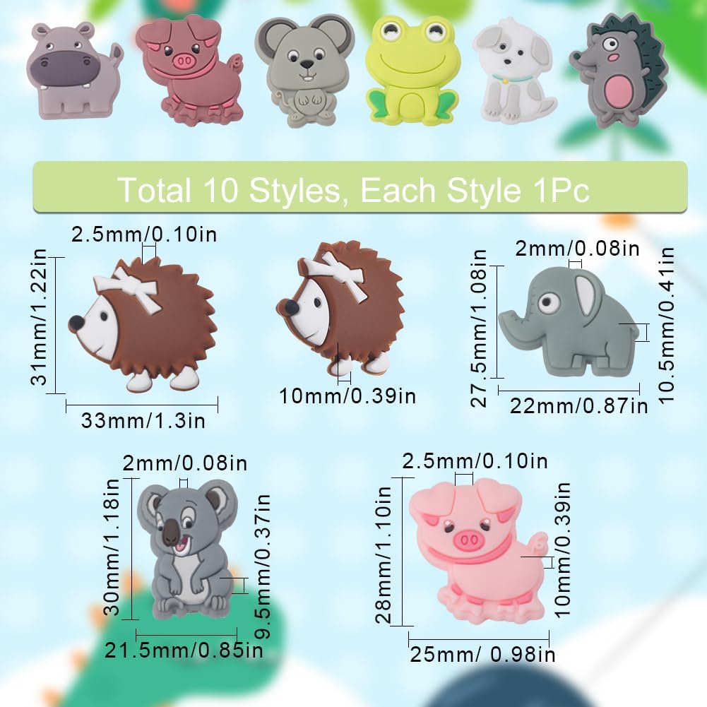 SUNNYCLUE 1 caja de 10 estilos de cuentas de silicona de animales, lindas cuentas focales de silicona de doble cara, dijes de perro de rana, cerdo,