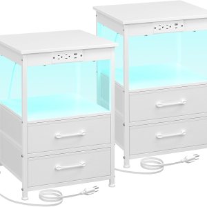 LOAKEKEL Juego de 2 mesitas de noche blancas con estación de carga, mesas auxiliares LED con puerto USB C y tomas, mesita de noche con 2 cajones de LOAKEKEL Juego de 2 mesitas de noche blancas con estación de carga, mesas auxiliares LED con puerto USB C y tomas, mesita de noche con 2 cajones de