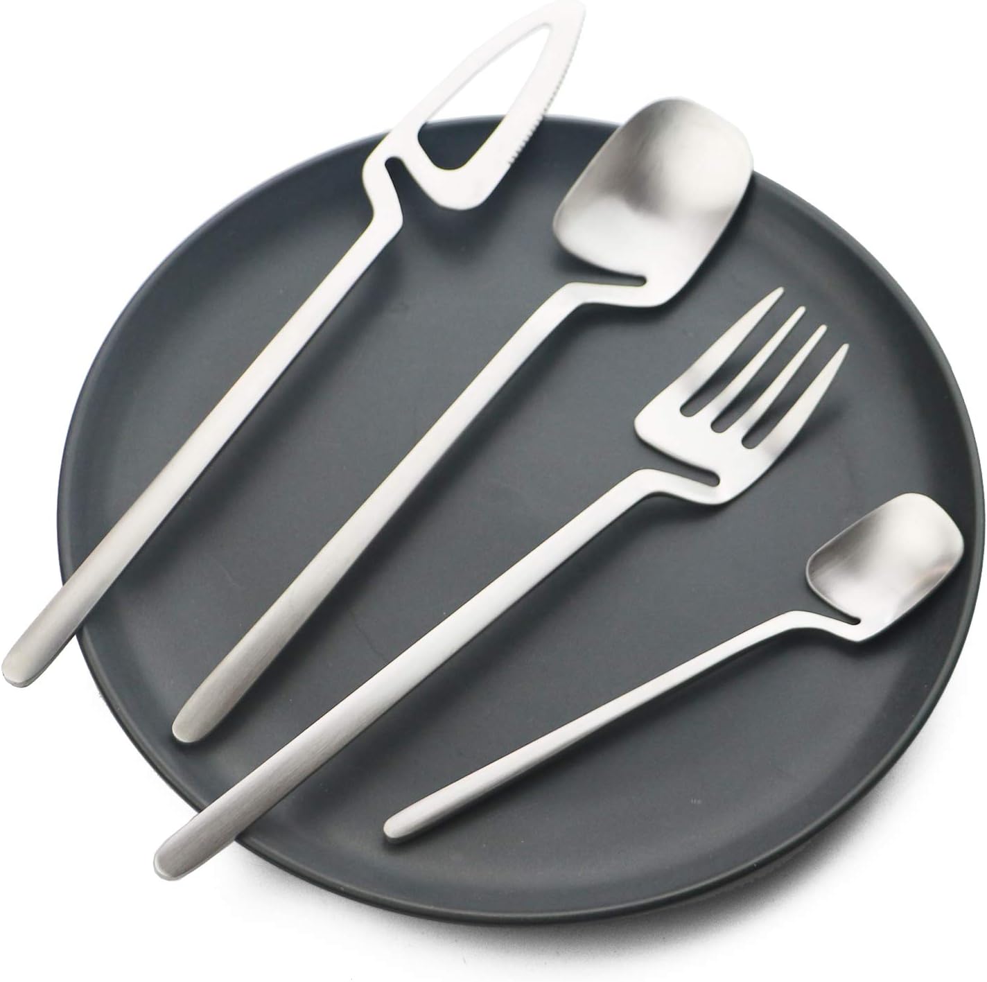 Juego de cubiertos plateados mate de acero inoxidable con acabado satinado para 6, 24 cucharas y tenedores, apto para lavavajillas (plata mate)