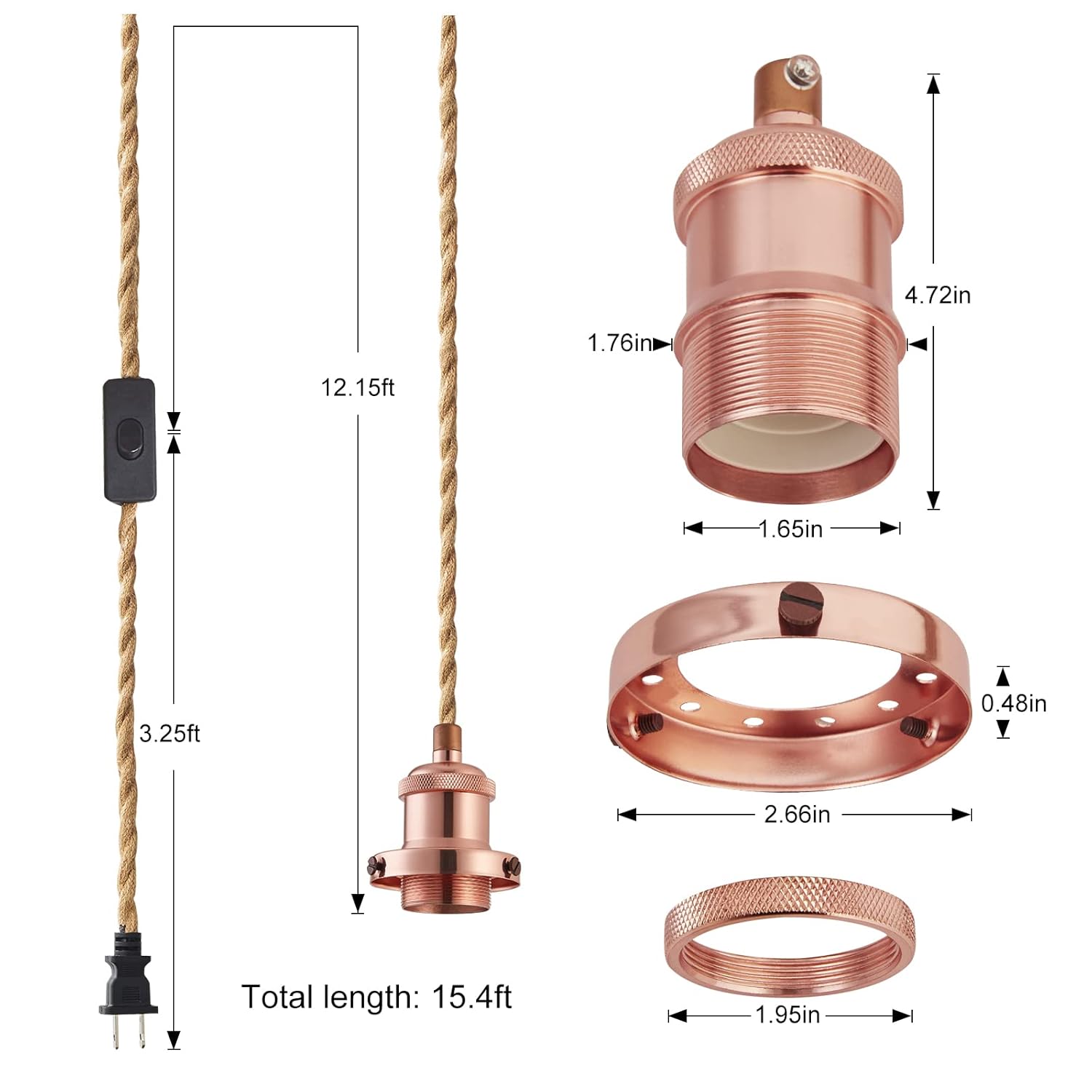 Kit de cable de luz colgante de 15.4 pies, enchufe industrial vintage E26 con interruptor, lámpara colgante de cuerda de cáñamo para lámpara
