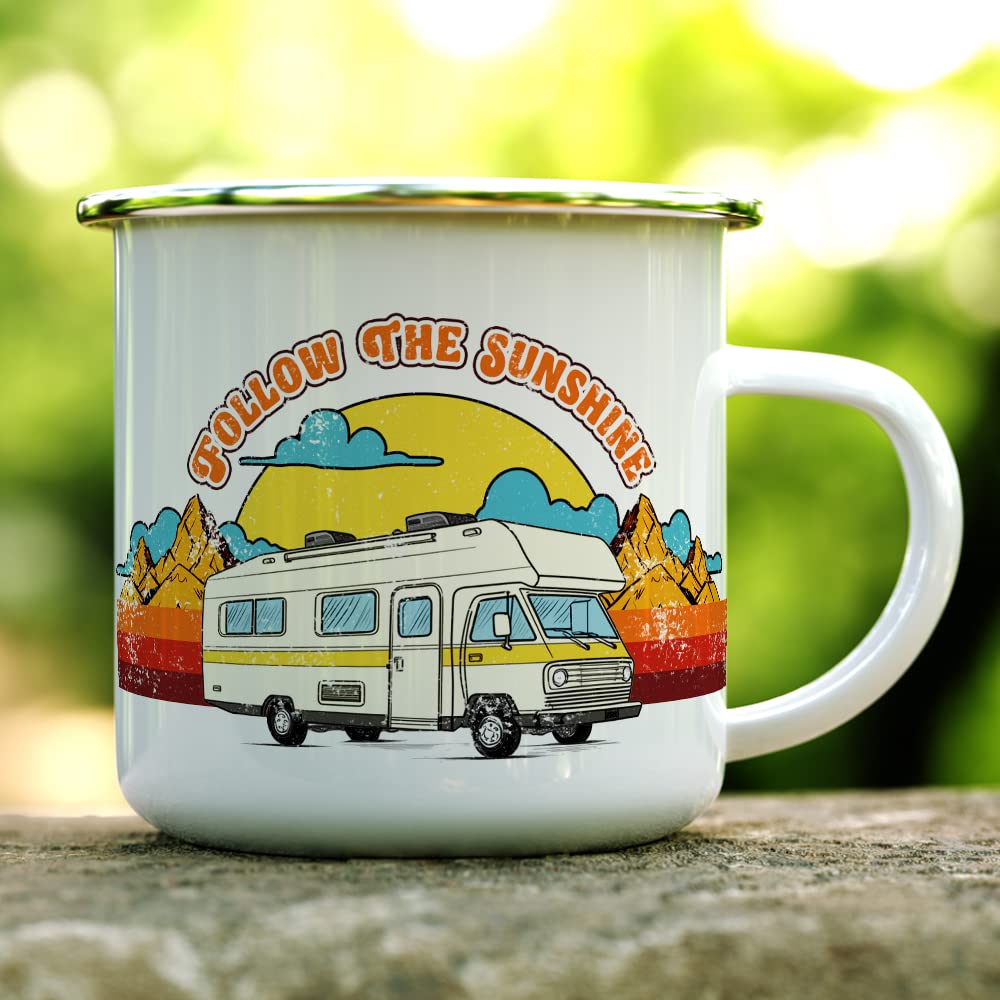 Follow The Sunshine Van Life Camper Coffee Mug, Travel Camping Wanderlust Desert Mountian Nature Campfire Cup (12oz)