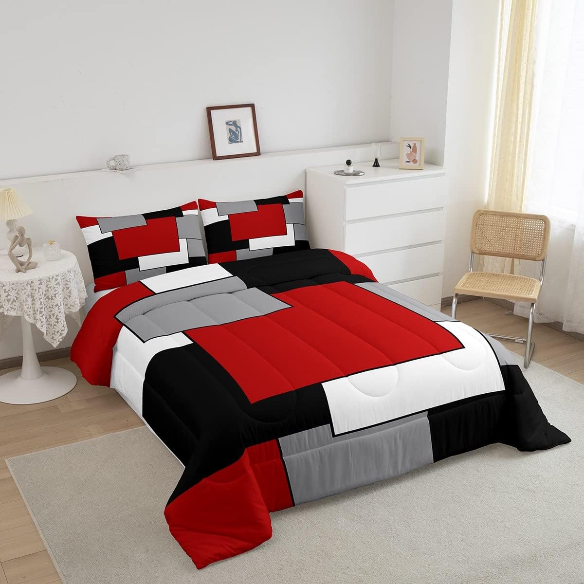 Erosebridal Juego de edredón para mujeres y hombres, juego de ropa de cama cuadrado moderno 3D tamaño matrimonial, juego de edredón geométrico,