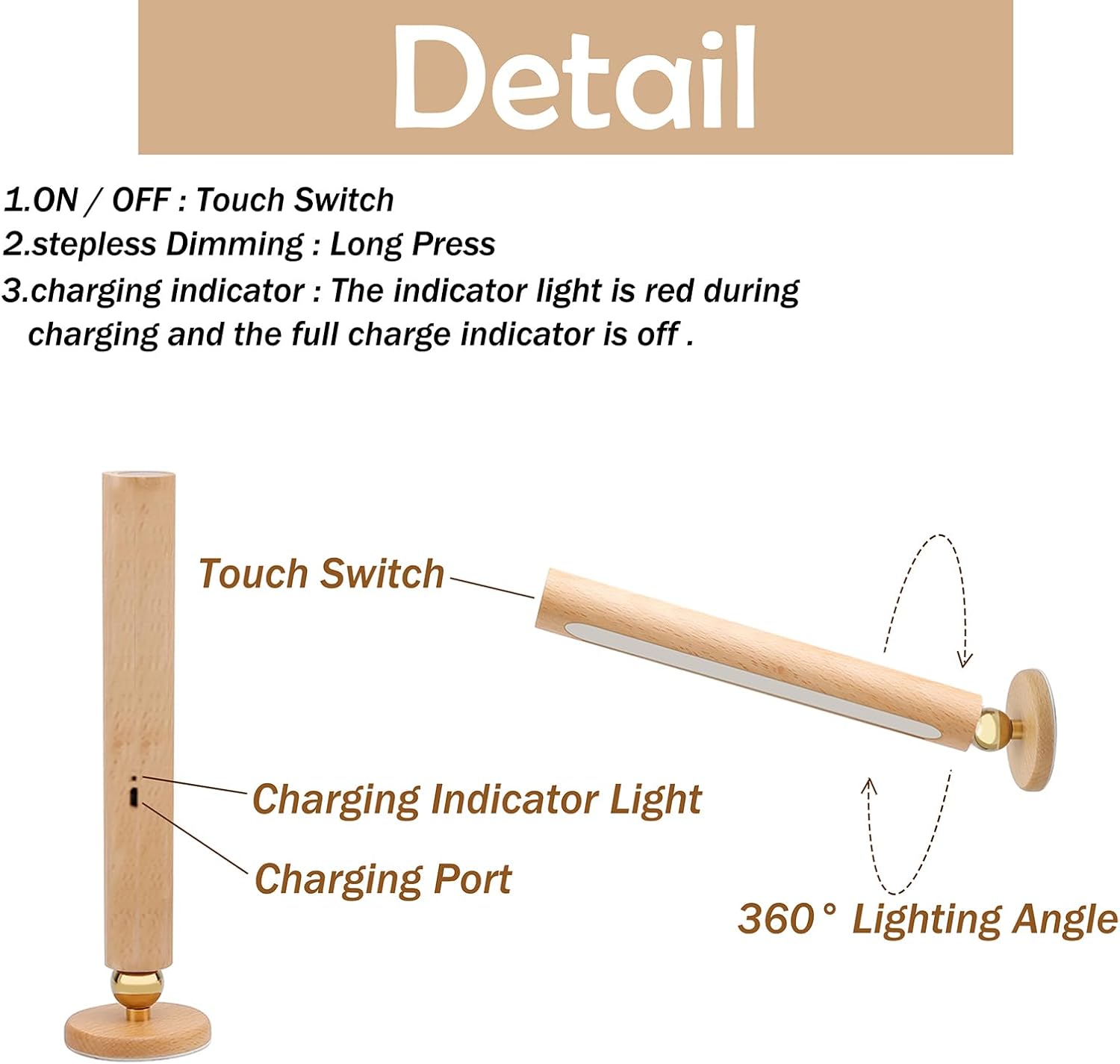 Lámpara de pared LED giratoria de 360, apliques de pared magnéticos recargables por USB, funciona con pilas, luz nocturna LED para el hogar (madera