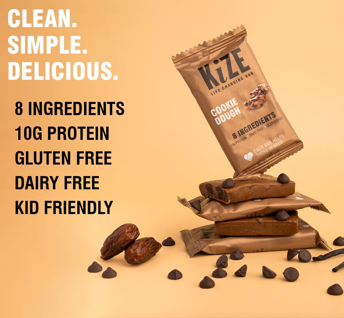 KiZE Barras, 4 unidades, sabor a masa de galletas, alto en proteínas, sin lácteos, sin gluten, sin OMG, barras de comida sin soja