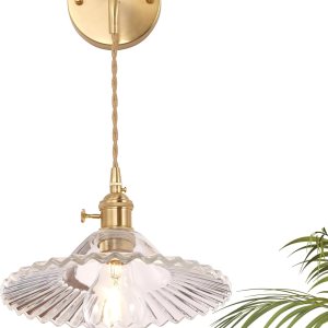 Apliques de pared vintage de 1 luz con patrón de sombra de loto transparente, cadena ajustable de cristal, luz dorada retro montada en la pared, Apliques de pared vintage de 1 luz con patrón de sombra de loto transparente, cadena ajustable de cristal, luz dorada retro montada en la pared,