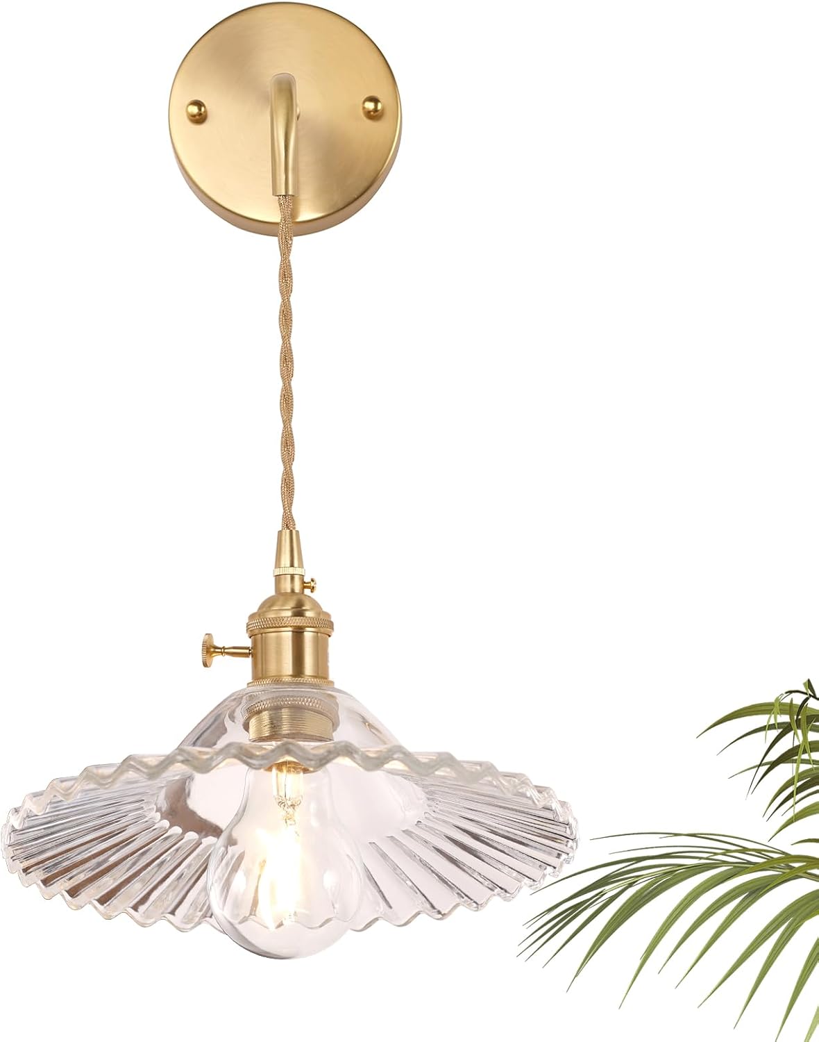 Apliques de pared vintage de 1 luz con patrón de sombra de loto transparente, cadena ajustable de cristal, luz dorada retro montada en la pared,