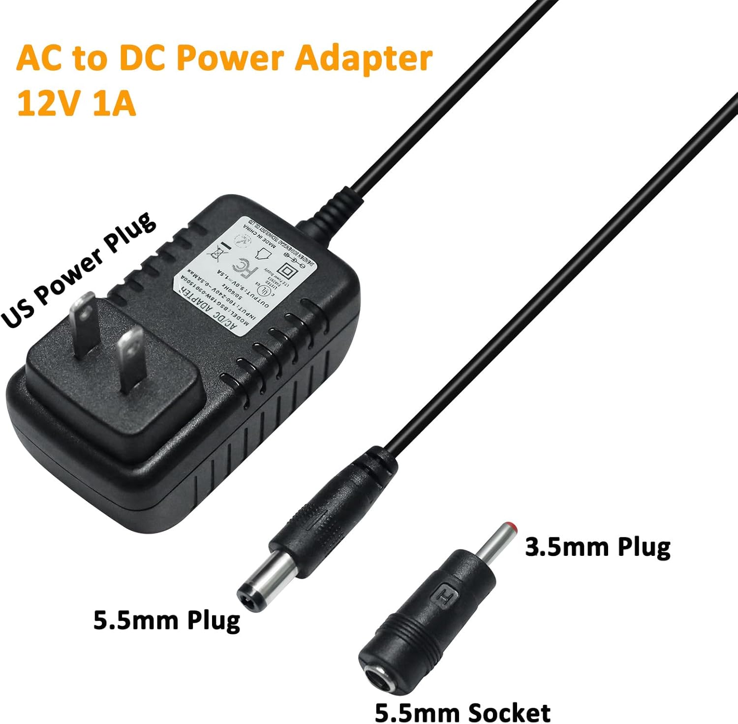 DCHAV Fuente de alimentación de 12V 1A Adaptador de CA a CC 100-240V 50-60Hz Cable de alimentación Transformador 0.217 in x 0.098 in 0.138 in x