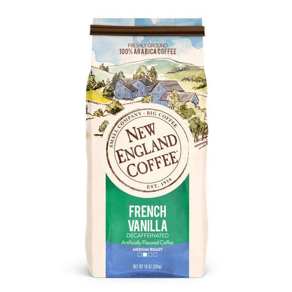 New England Coffee Café molido de tostado medio descafeinado de vainilla francesa, 10 onzas, bolsa, beige y verde
