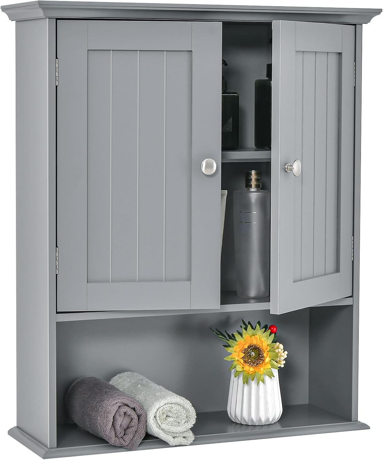 Tangkula Armario de pared de baño, armario colgante de madera con puertas y estantes, gabinete de almacenamiento multiusos para baño, cocina, sala