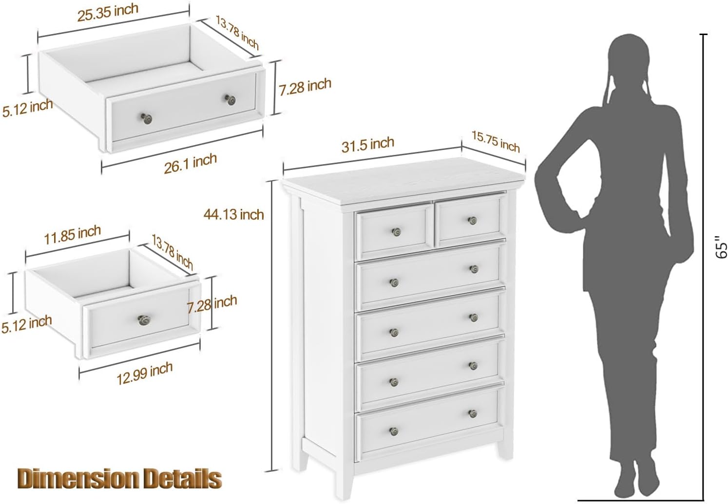Cómoda blanca para dormitorio, cómoda de 6 cajones, mesita de noche alta con cajones profundos, armario moderno con cajones para pasillo, sala de