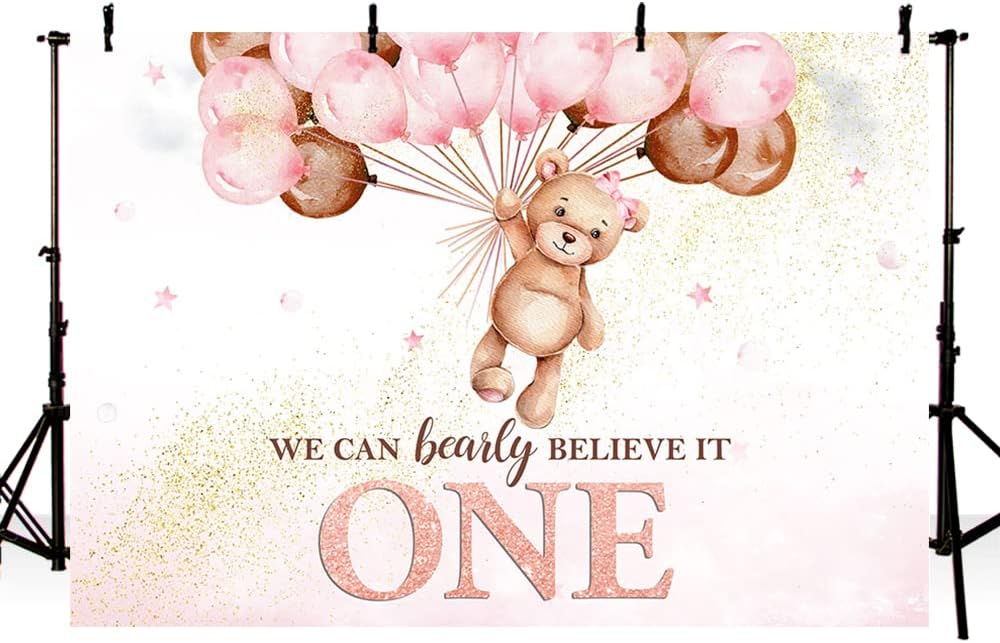 MEHOFOND Telón de fondo de oso para el primer cumpleaños para niñas, con texto en inglés “We Can Bearly Believe It One Happy First Birthday”,