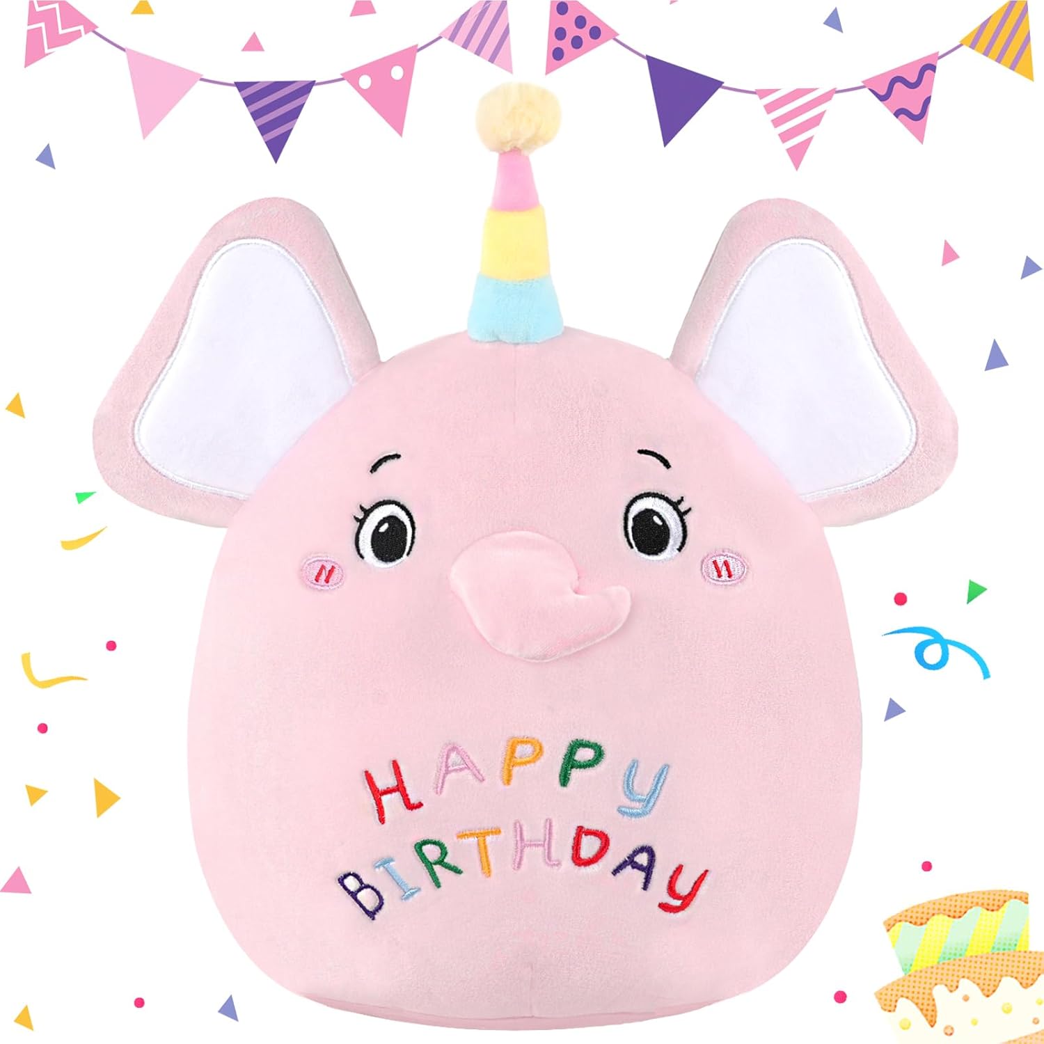 Almohada de felpa de elefante de cumpleaños de 14 pulgadas, almohada suave de cumpleaños de elefante de felpa para niñas y niños, regalo de