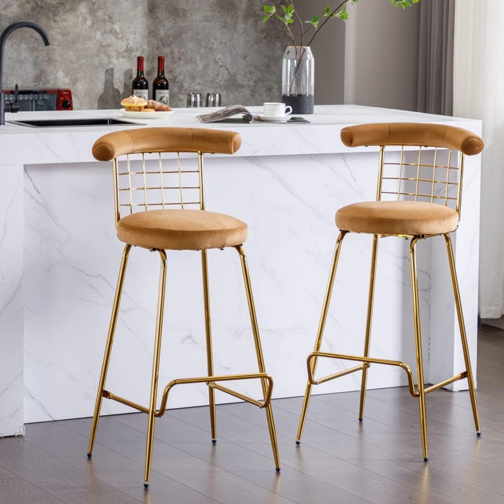 Juego de 2 taburetes altos de terciopelo de lujo con patas de metal y respaldo suave, sillas modernas de comedor sin brazos, taburetes de bar para