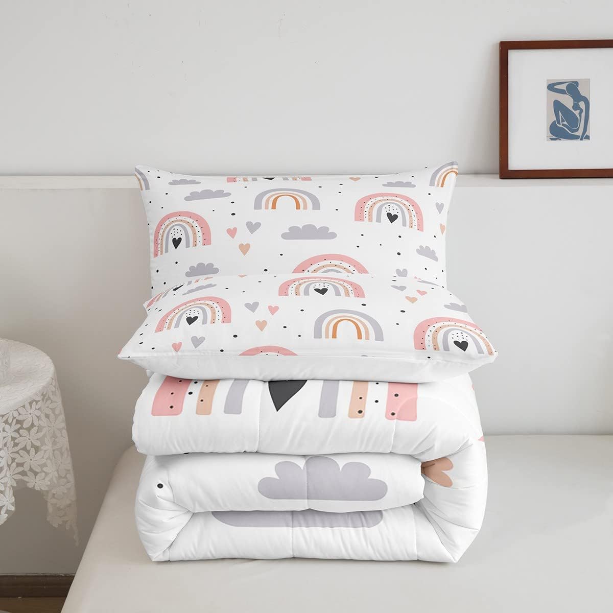 Juego de ropa de cama tamaño Queen con diseño de arco iris para niñas, juego de edredón Kawaii de nube de 3 piezas con 2 fundas de almohada, edredón