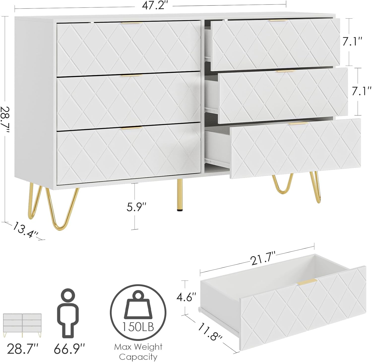 Aobafuir Cómoda de 6 cajones, cajón, armario de almacenamiento alto con patas de metal, cómoda grande para dormitorio, sala de estar, armario,