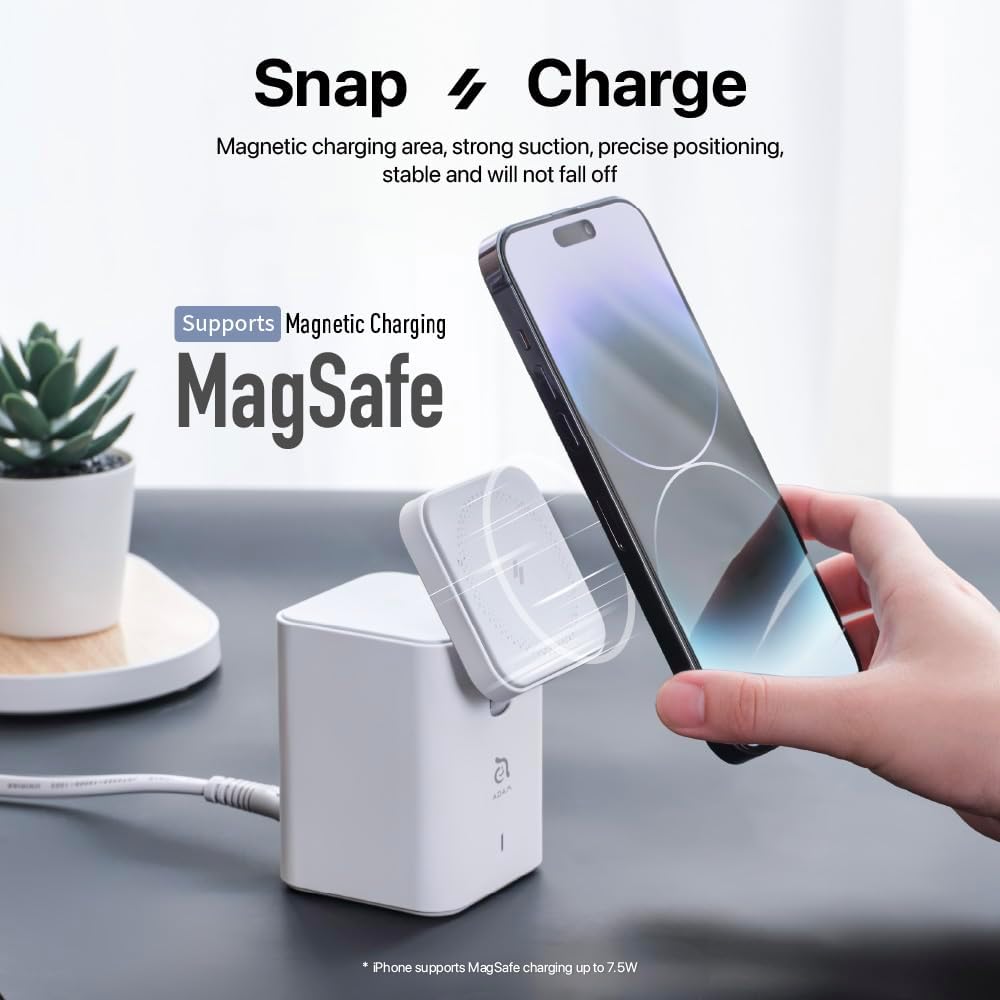 ADAM elements Cargador inalámbrico magnético – Mag 4 GaN 30W 4 in1 estación de carga de energía para iPhone 12131415 Series y AirPods Series (blanco)