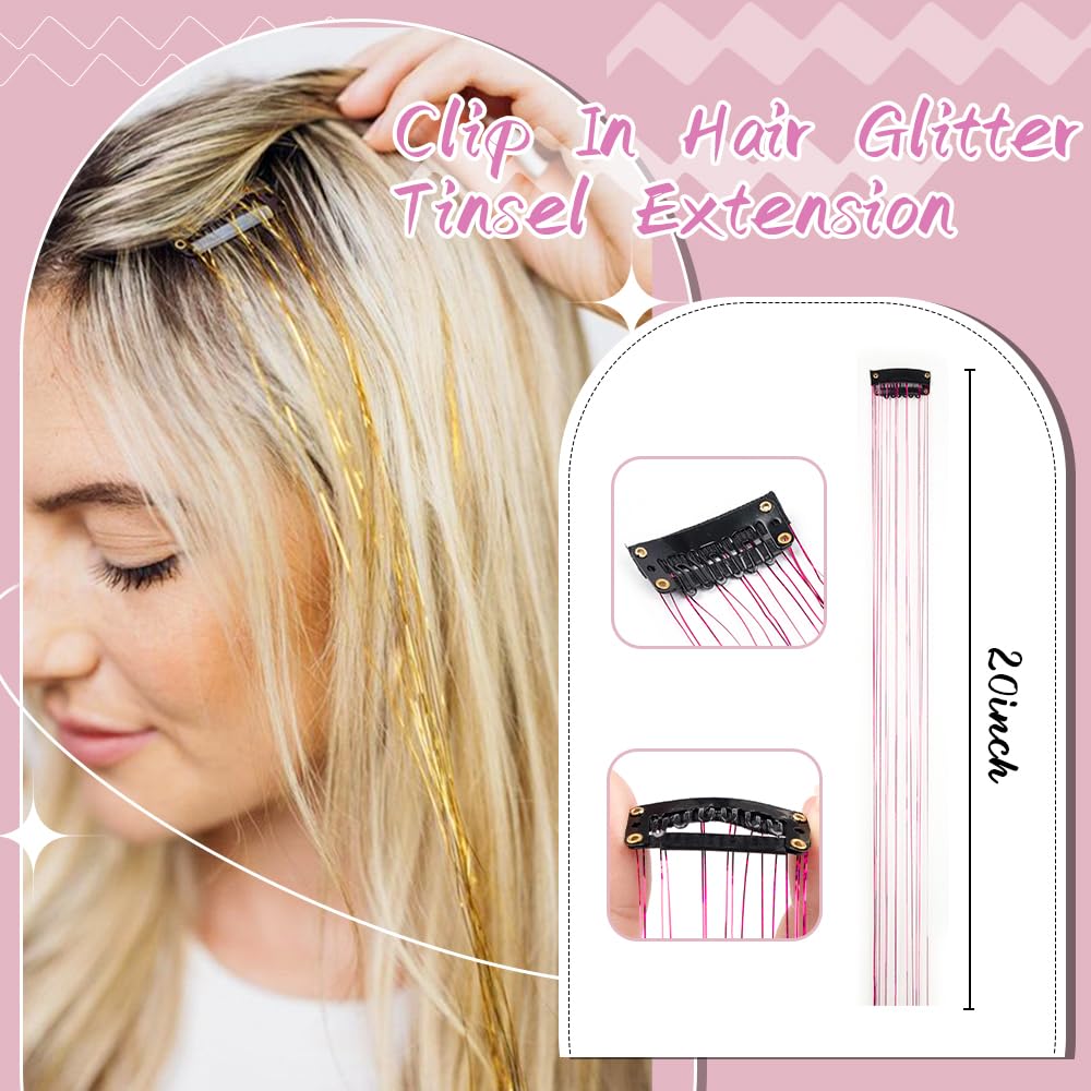 Paquete de 12 extensiones de cabello de oropel con clip de 20 pulgadas, extensiones de cabello de oropel con purpurina colorida para fiesta,