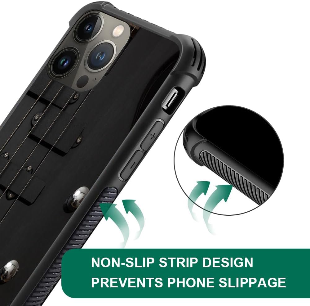 CARLOCA Funda compatible con iPhone 15 Pro, cuerdas de bajo y guitarra, patrón negro, funda para iPhone 15 Pro, ultra protección, a prueba de